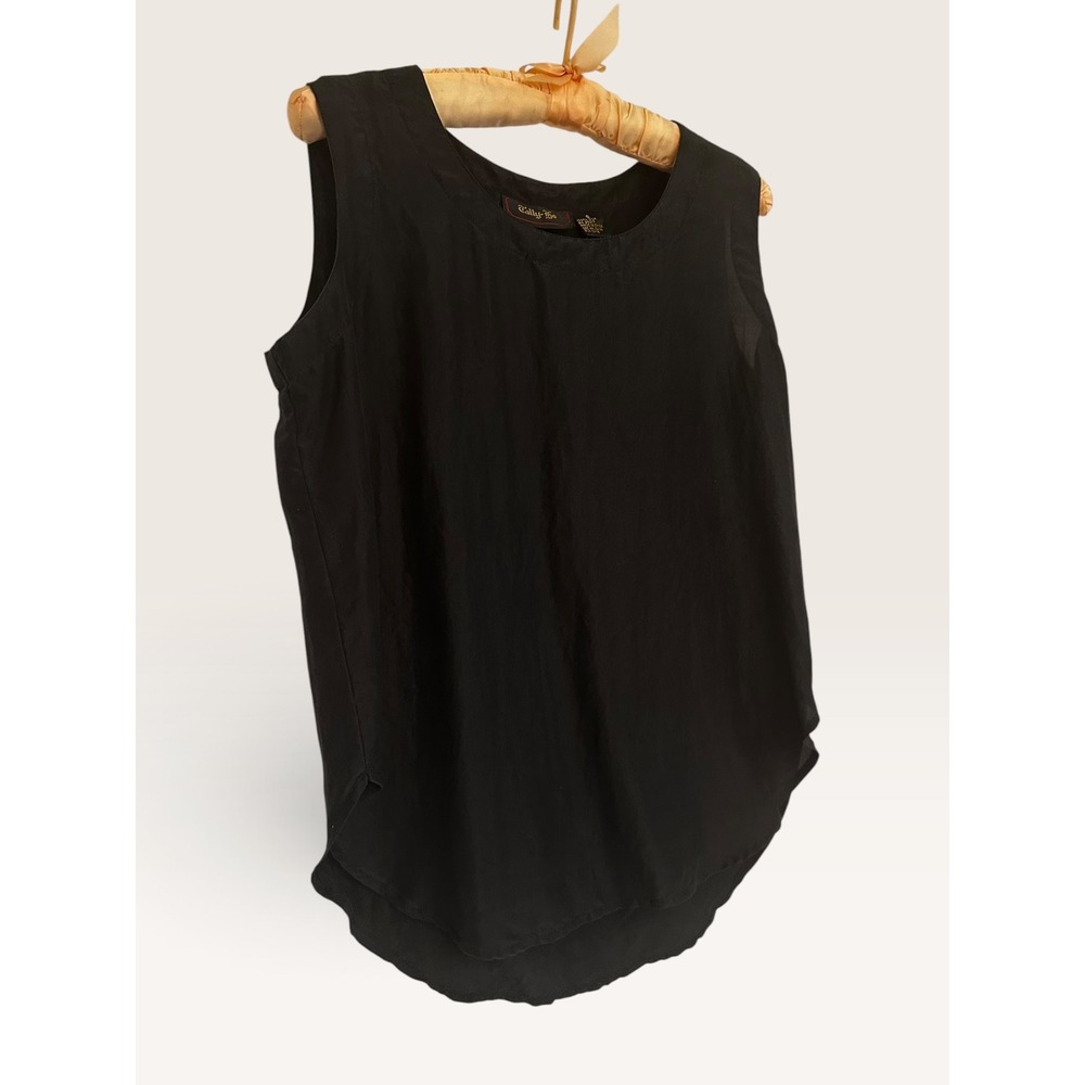 Tally-Ho Womens Black 100% Silk Sleeveless Tank Top Curved Hem Sz S Vintage